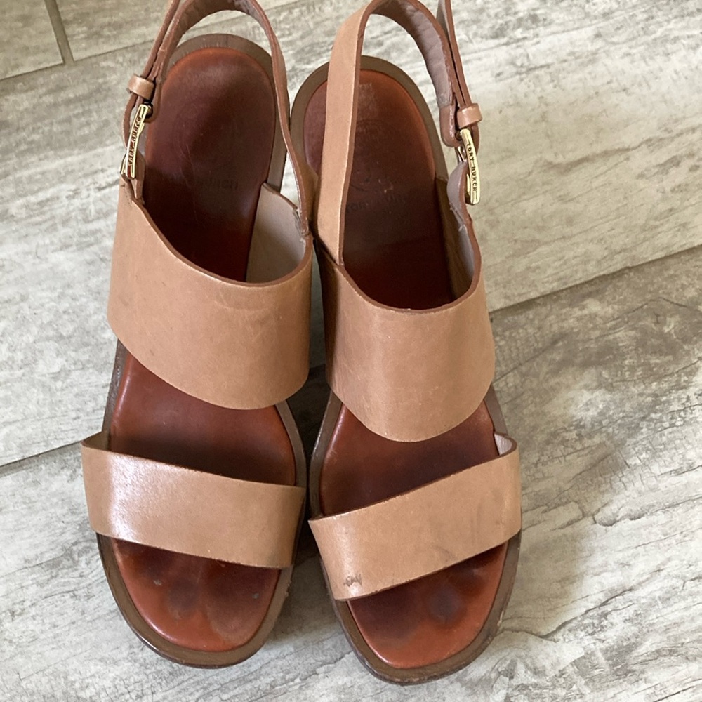 Tory Burch Tan Leather Sandals with Block Heel